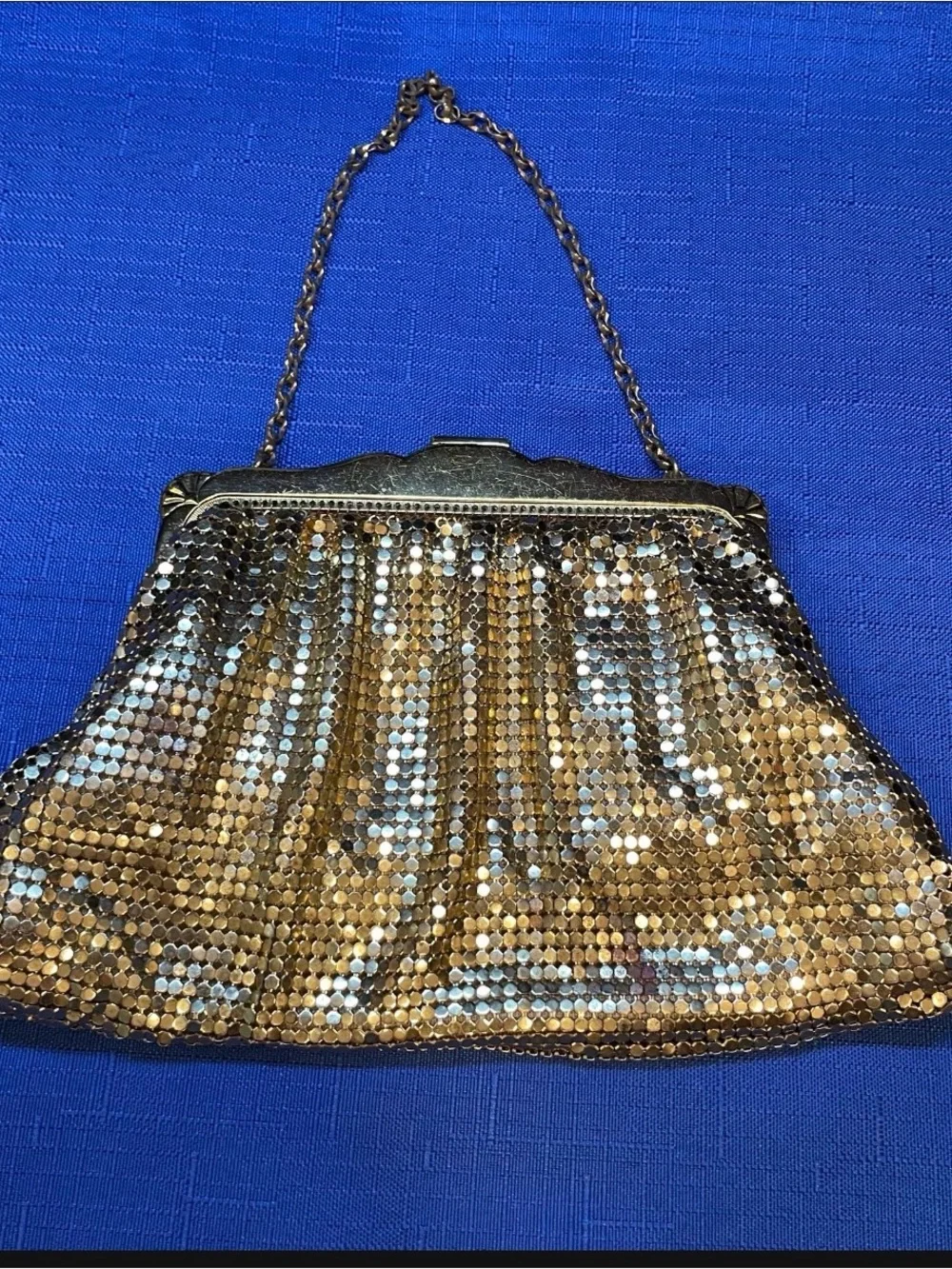 Antique beautiful gold mesh and jeweled evening bag with chain handle